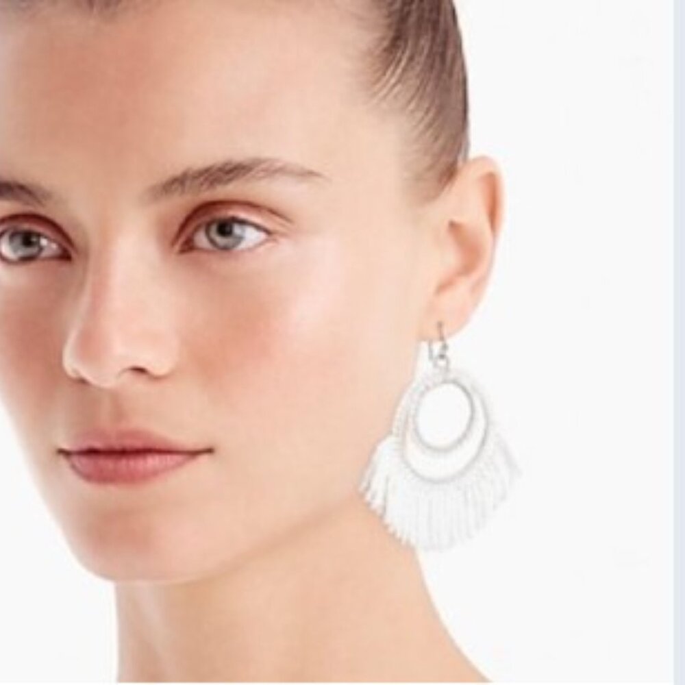 🌷J. Crew White Beaded Hoop Earrings with Intricate Design